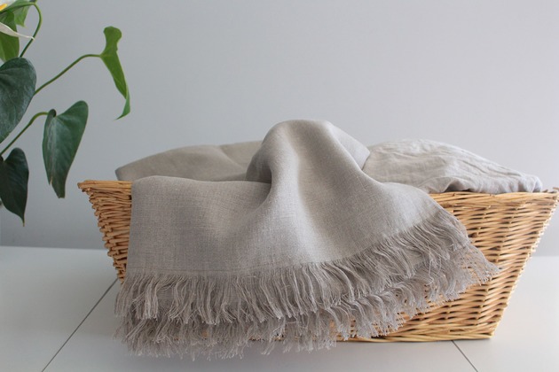 koce i narzuty Kocyk lniany  z grzywką 100% len