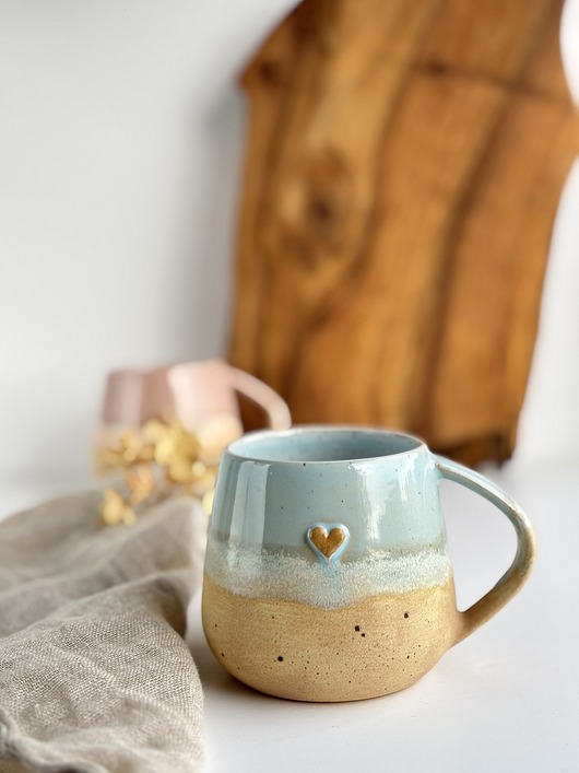 kubki Kubek Beczułka ręcznie robiony z sercem 320 ml - Niebieskie migdały