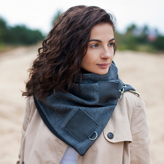 szale damskie Szal wełniany ze skórą, Komin Unisex Grafitowy