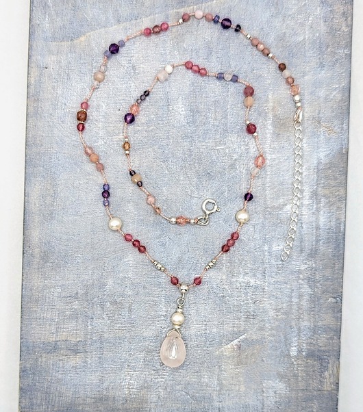 srebrne naszyjniki Kwarc różowy, turmalin, opal - naszyjnik znaków ziemii i powietrza