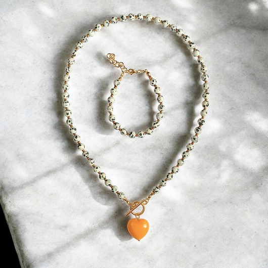 komplet biżuterii RAZEM TANIEJ : jaspis dalmatyński i serce : miodowe : komplet