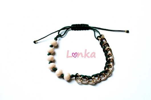 Bransoletka zielony sznurek+kryształki+łańcusze Lonka Jewelry