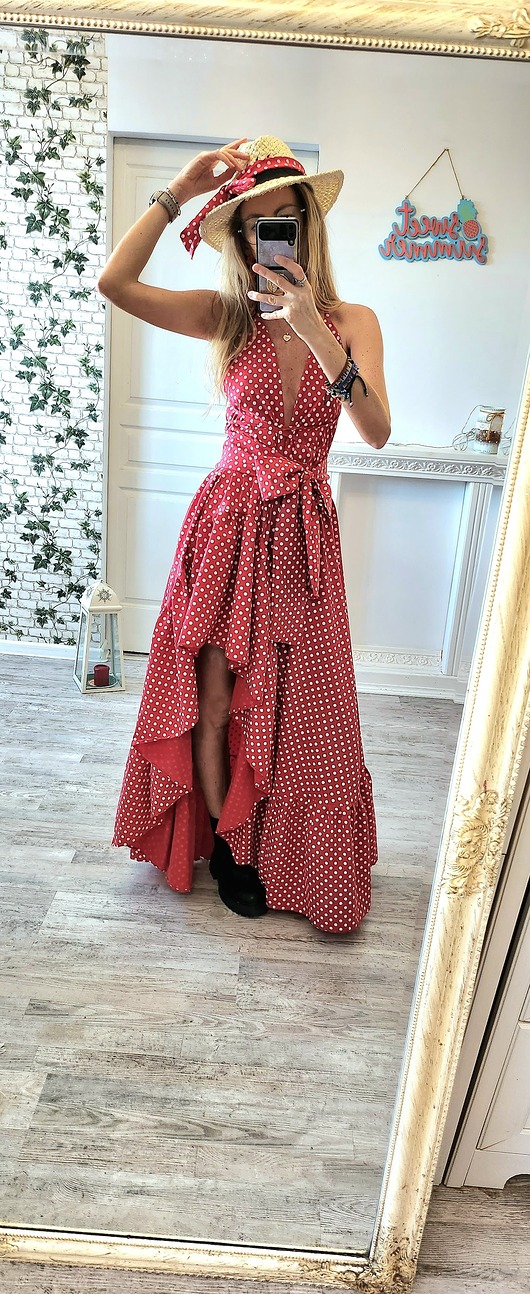 sukienki maxi damskie Sukienka rozkloszowana czerwona białe groszki asymetryczna