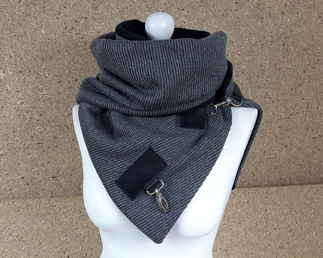 szale damskie Szal wełniany ze skórą, Unisex - Szary prążek