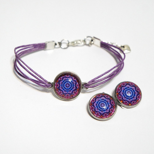 komplet biżuterii Komplet - Fioletowa mandala - klipsy, bransoletka