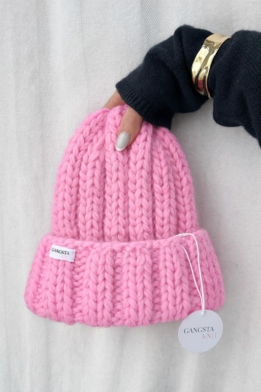czapki damskie Gruba wełniana czapka beanie różowa 100% wełna handmade