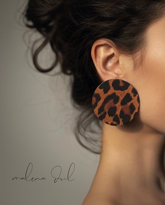 kolczyki - inne Kolczyk SUN duży koło skóra naturalna panterka czarna róż