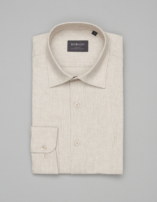 koszule męskie Koszula flumeri 00510 długi rękaw beżowy slim fit