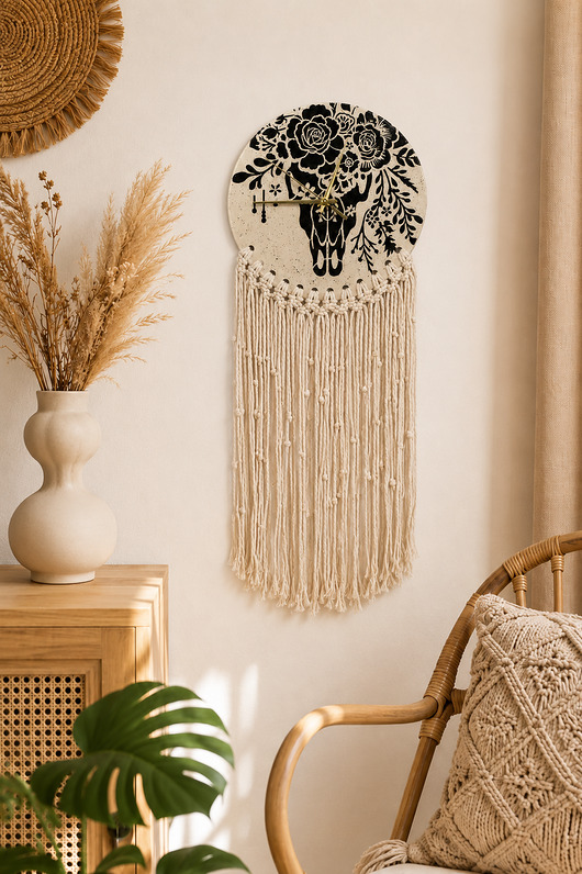 Ozdoby na ścianę Ceramiczny zegar ścienny z makramą handmade z motywem czaszki i kwiatów
