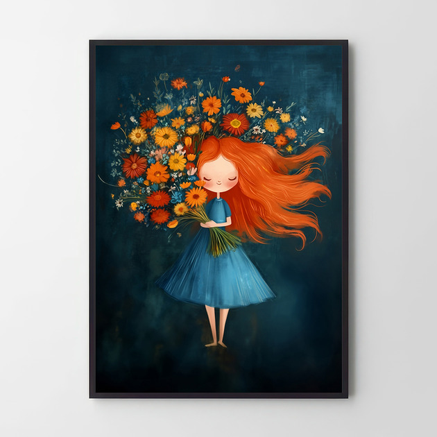plakaty Plakat Czerwone włosy, niebieska sukienka i ognisty bukiet