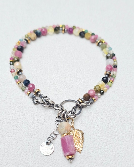 bransoletki srebrne Podwójna  Bransoletka z Kolorowych Turmalinów