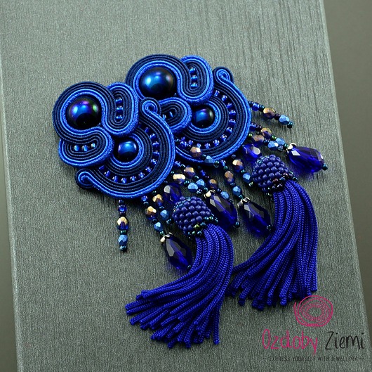 kolczyki soutache Kobaltowe kolczyki sutasz z chwostem