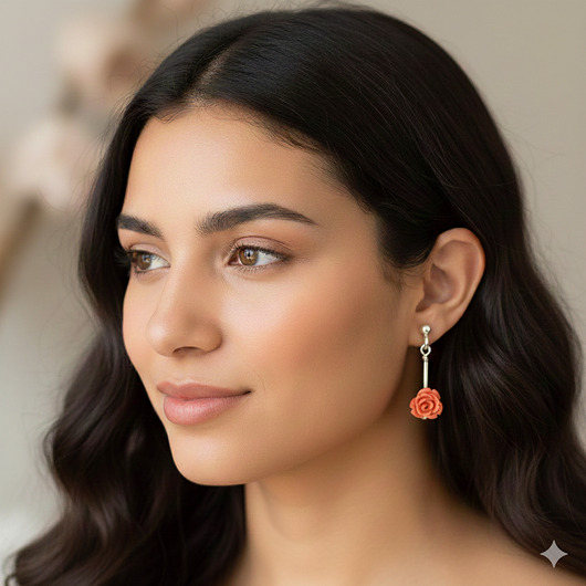 kolczyki srebrne Pomarańczowe kolczyki z koralem, kolczyki z różyczką, srebro 925