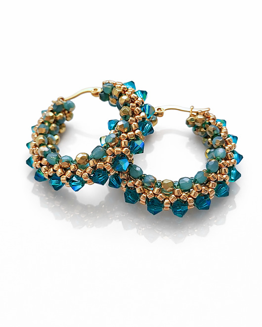 kolczyki szklane Kolczyki Koła z Kryształów Preciosa i Koralików - AURA Blue Zircon