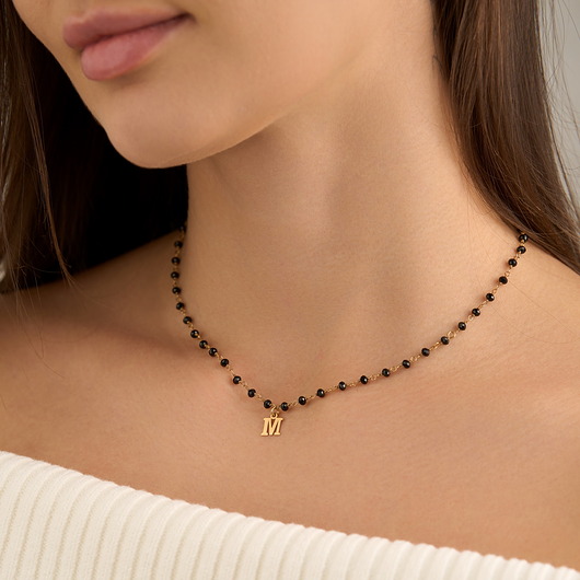 chokery Choker naszyjnik onyksy literka srebro 925 pozłacane