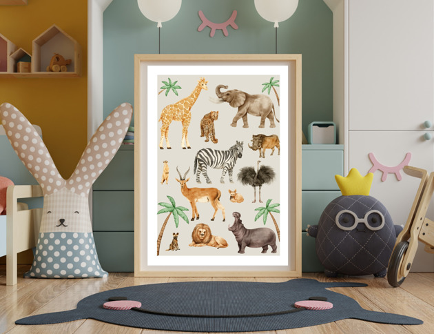 obrazy i plakaty PLAKAT do pokoju dziecka, zwierzęta Afryki, safari ilustracja