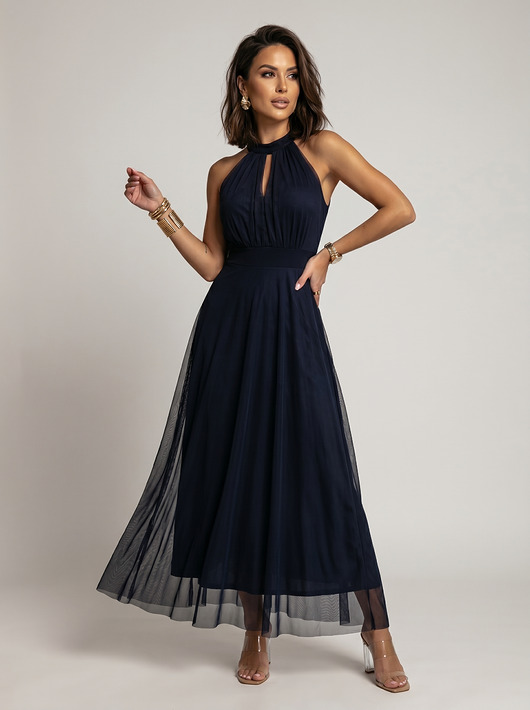 sukienki midi damskie 662-3 Elegancka sukienka wieczorowa maxi halter z tiulem i wiązaniem w talii