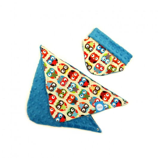 APASZKA DWUSTRONNA z minky  SÓWKI/TURKUS GuGa DESIGN