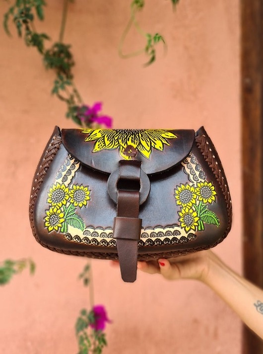 torby na ramię Torebka skórzana ręcznie robiona Ramona z grubej skóry słoneczniki