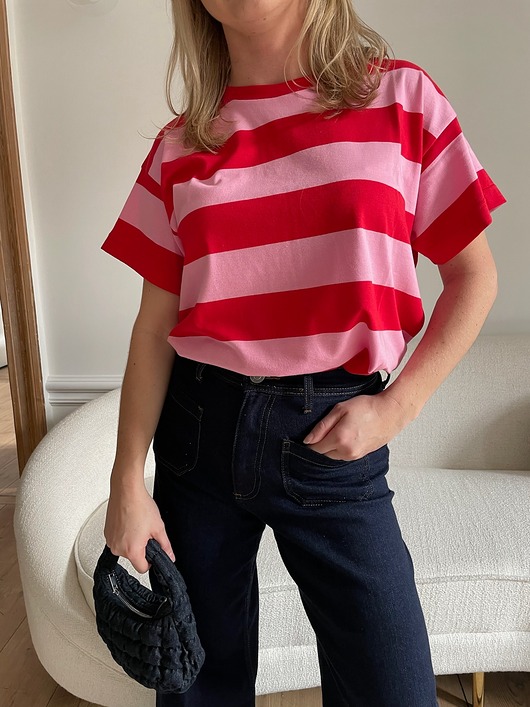 t-shirt damskie T-shirt w różowo-czerwone paski Pink Obsession