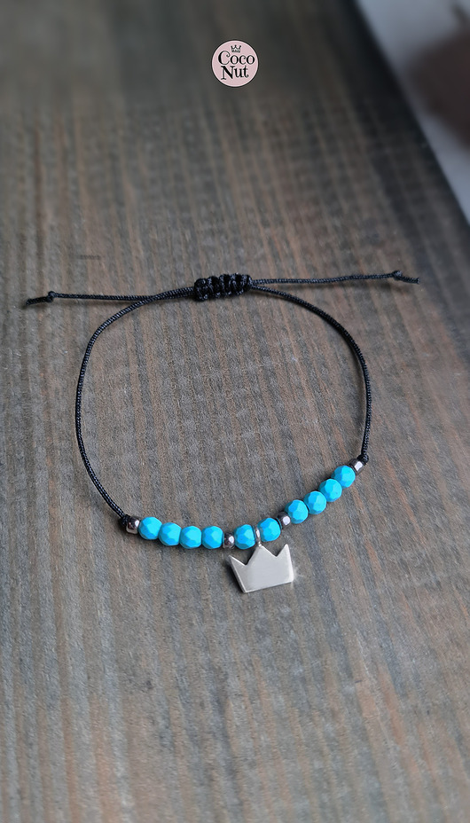 bransoletki na sznurku KRÓLOWA - turkus i srebro 925, bransoletka korona