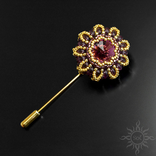 Amethyst, szpila, broszka, beading Sol