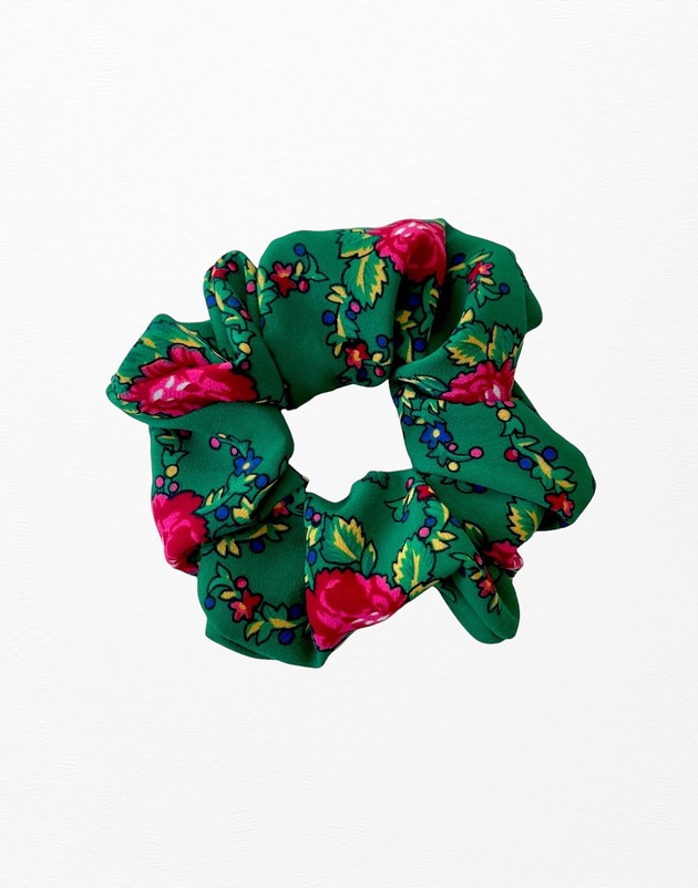 gumki do włosów Gumka frotka scrunchie folkowe kwiaty zielona
