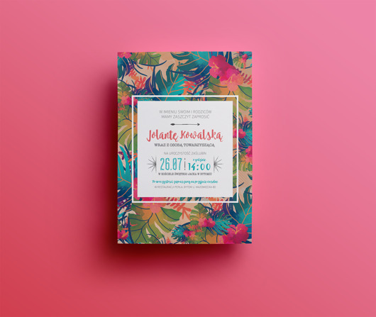 KOMPLET, zaproszenie ślubne, motyw tropical Flymouse