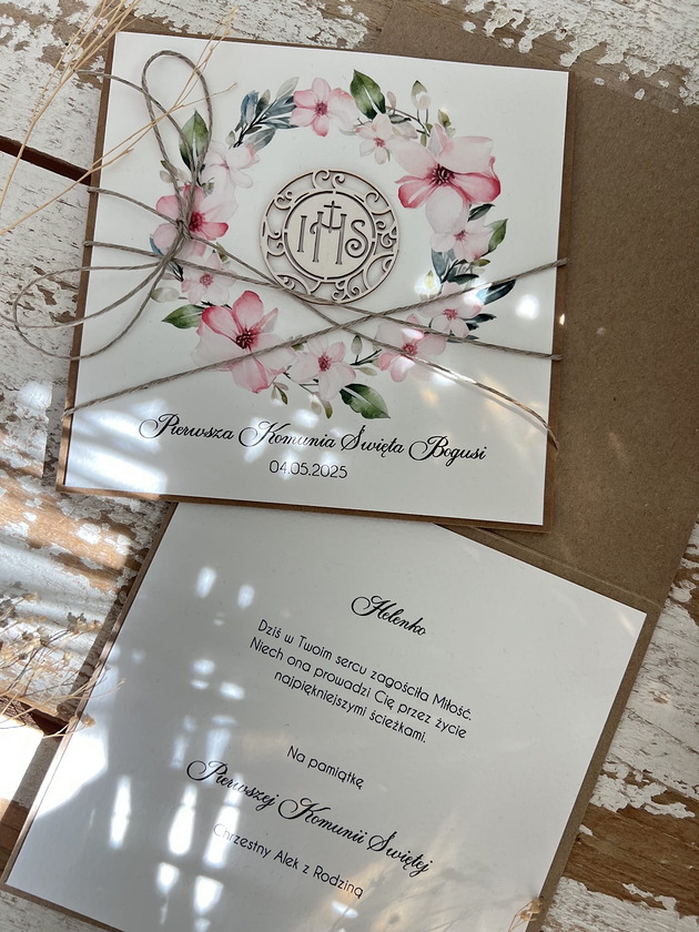 kartki na komunię Kartka komunijna ręcznie robiona z imieniem od matki chrzestnej