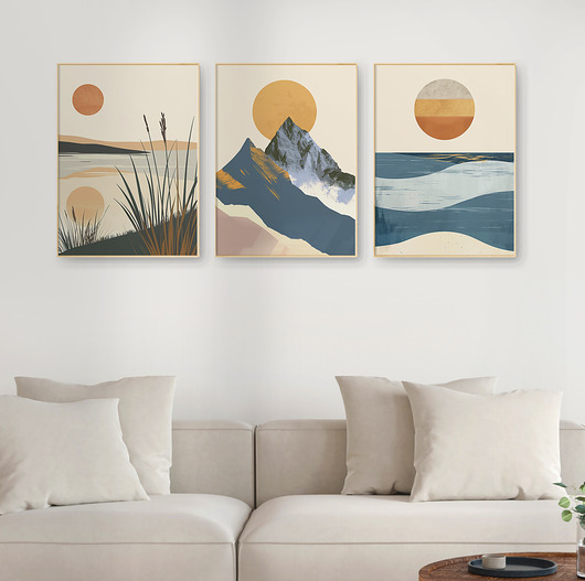 plakaty Plakaty zestaw/tryptyk natura, góry, morze, jeziora, w stylu mid-century.