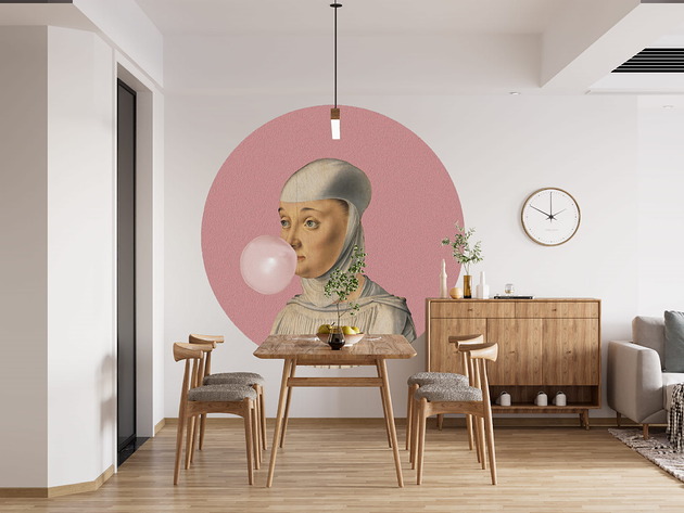 tapety i naklejki ścienne Mural DOTS  Kobieta z Gumą Balonową RÓŻOWY- okrągła dekoracja ścienna
