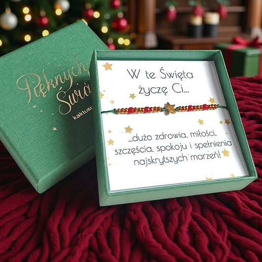 bransoletki z kamieni naturalnych Świąteczna bransoletka - pomysł na prezent - świąteczne pudełko - RED2