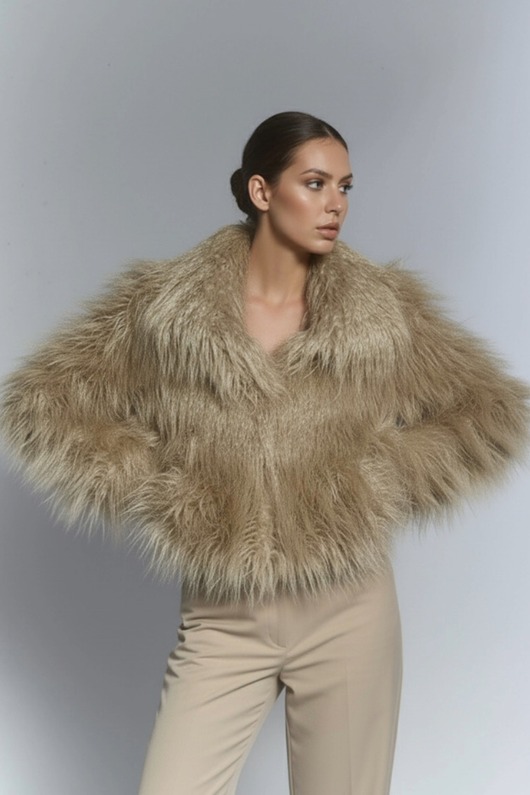 kurtki damskie Beżowa puszysta kurtka ze sztucznego futra