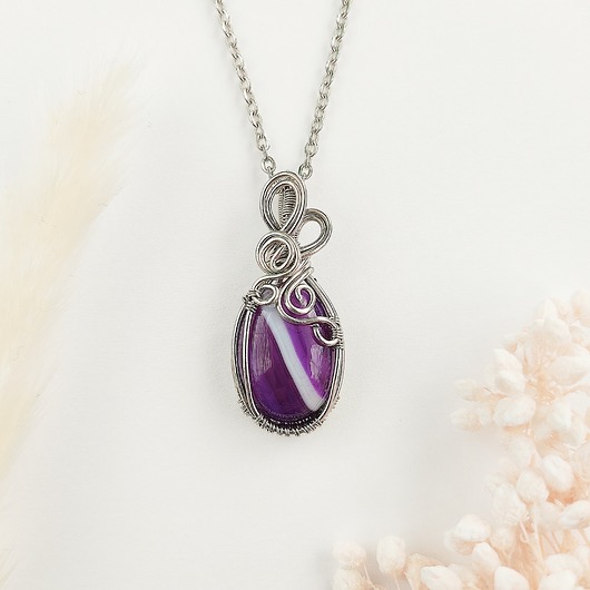 wisiory Naszyjnik Agat Fioletowy stal chirurgiczna wisiorek handmade wirewrapping