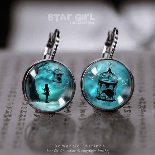 kolczyki szklane Star Girl i Kiwi, dark silver
