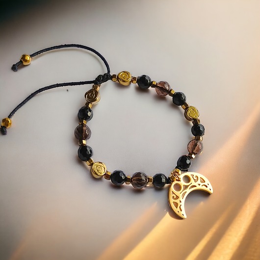 bransoletki z kamieni naturalnych PREMIUM lunula TURMALIN, KWARC DYMNY :: pudełko jubilerskie