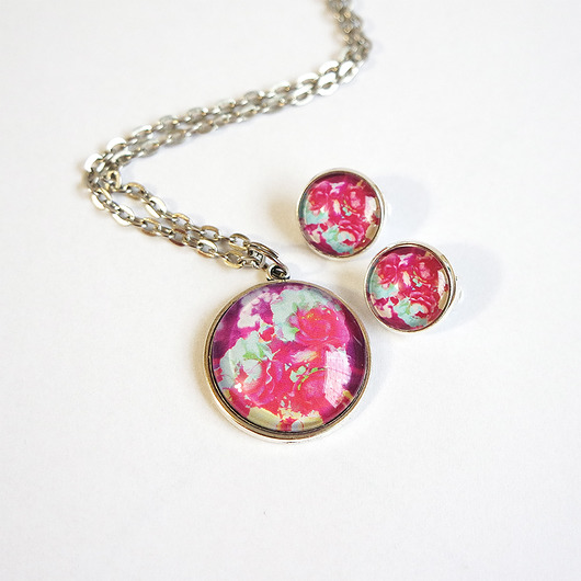 klipsy Naszyjnik i klipsy - Amarantowe róże