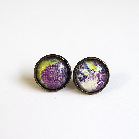 kolczyki szklane Kolczyki - Fioletowe kwiaty - antyczny brąz
