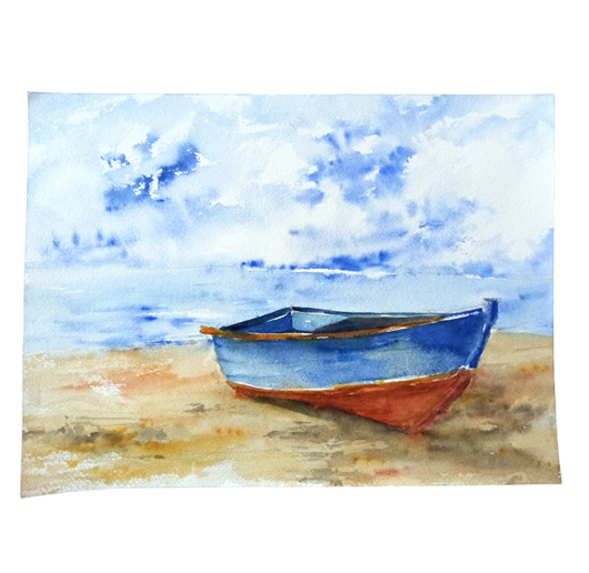 obrazy WYPRZEDAŻ SZTUKI! Akwarela Łódka na plaży oryginalny obraz 300g 21x30 cm