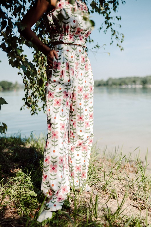 spodnie materiałowe damskie Lniano-bawełniane spodnie w kwiaty, RETRO NOELIA