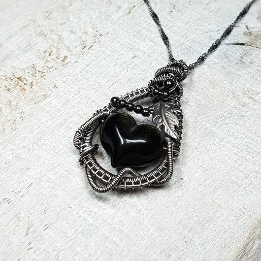 srebrne naszyjniki Serce obsydian złocisty  s218