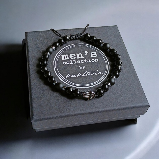 biżuteria męska HAMSA - ochrona - onyks, hematyt - bransoletka regulowana ONE SIZE