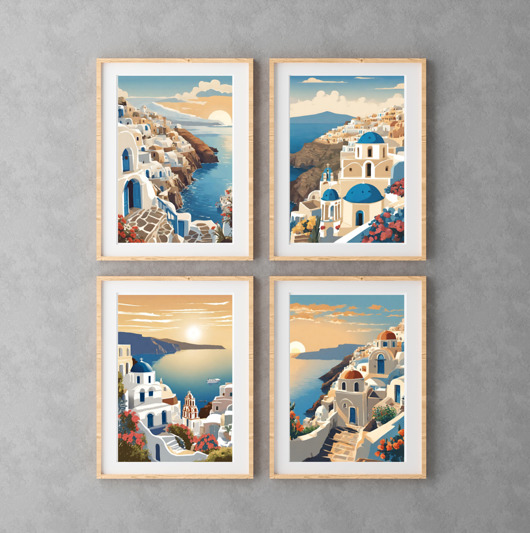 4 PLAKATY Santorini obrazki ilustracje Grecja