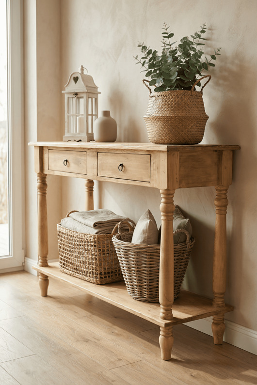 komody Konsola rustykalna, Vintage z litego drewna, toczone nog