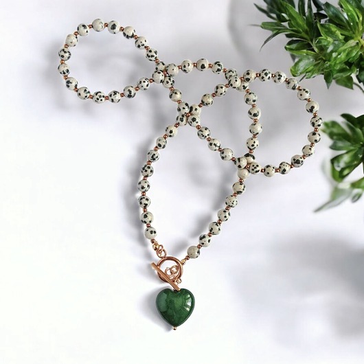 naszyjniki - inne Jaspis dalmatyński i serce : CIEMNA ZIELEŃ: naszyjnik dłuższy