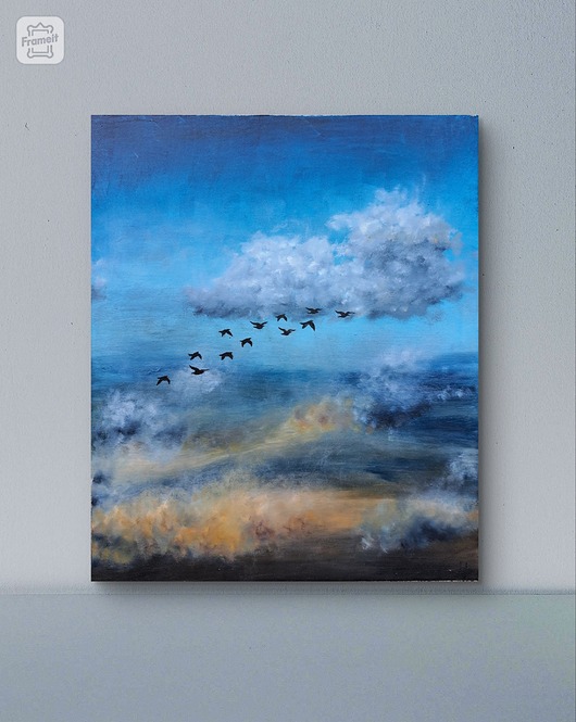obrazy PROMOCJA Kierunek południe Obraz olej 50x60 błękit ptaki klucz chmury niebo