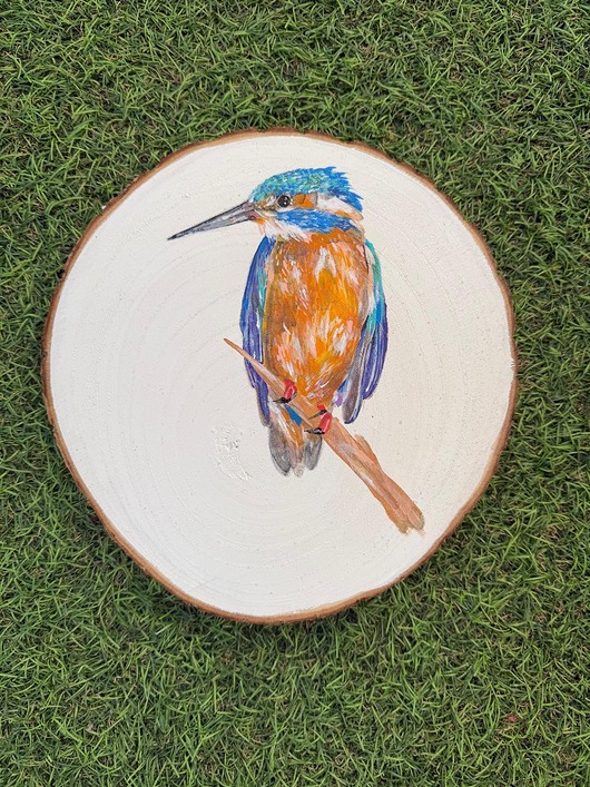 Ozdoby na ścianę Ręcznie malowany obrazek na plastrze drewna "Zimorodek"