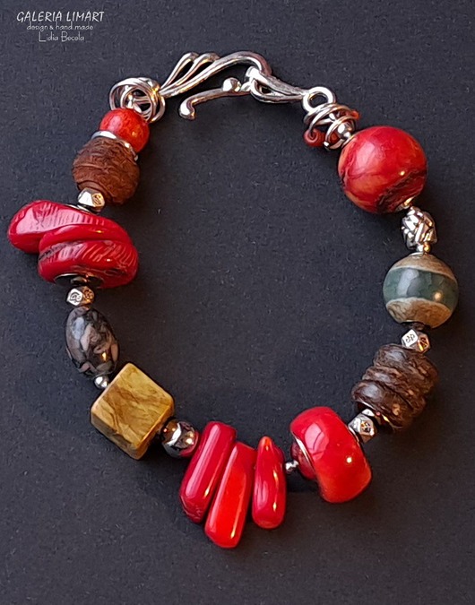 bransoletki z kamieni naturalnych Niezwykła bransoleta boho z koralem i mixem minerałów prezent  lux UNIKAT
