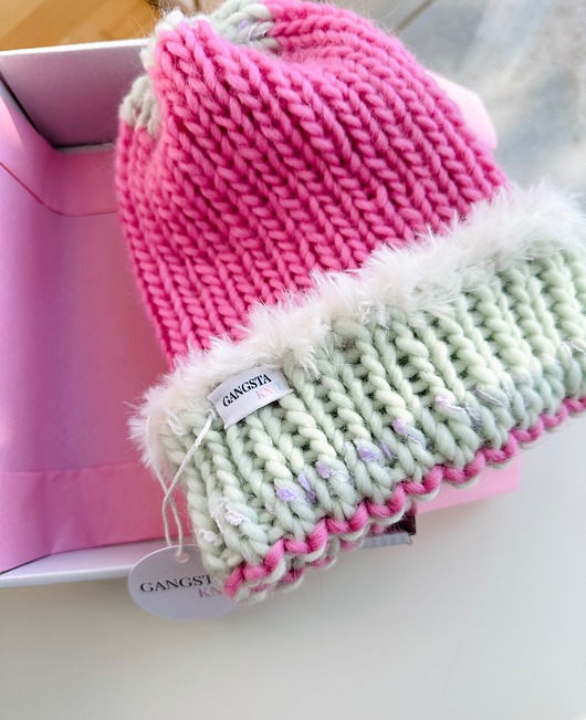 czapki damskie Wełniana czapka Candy handmade ręcznie robiona róż pistacja futerko