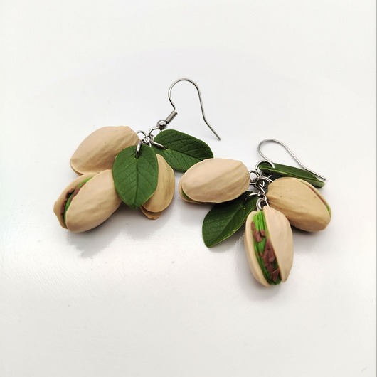 kolczyki z masy plastycznej Kolczyki pistacje i liście handmade stal nierdzewna lekkie